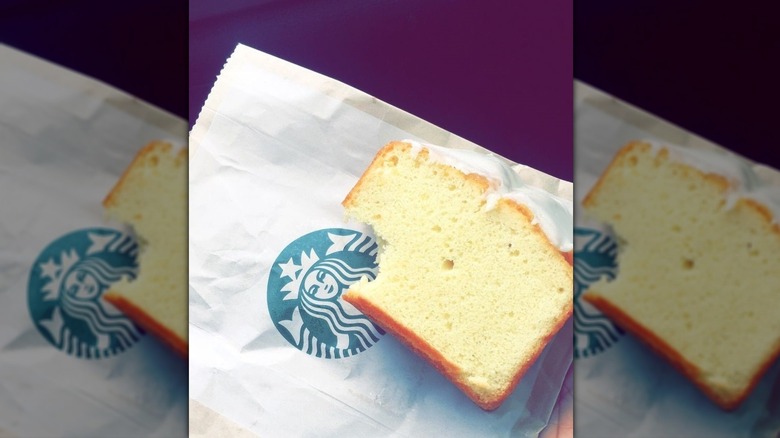Lemon loaf with bite missing on Starbucks bag