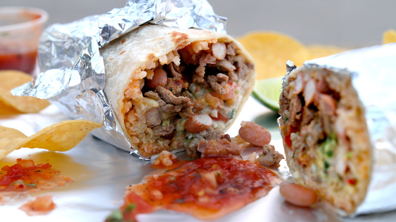 Fast food burrito wrapped in foil