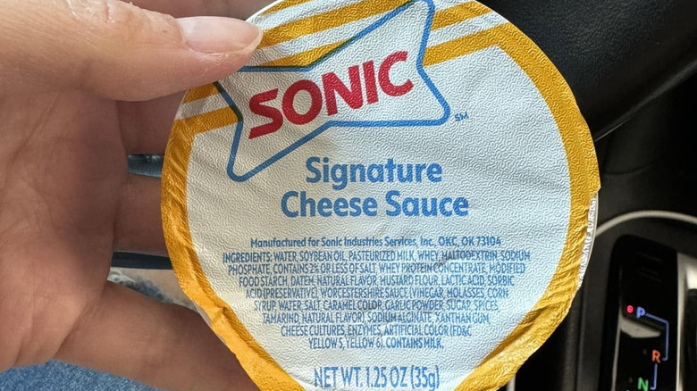 Sonic cheese sauce container with ingredients listed on label