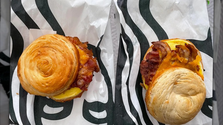 Arial view of two Starbucks double smoked bacon sandwiches