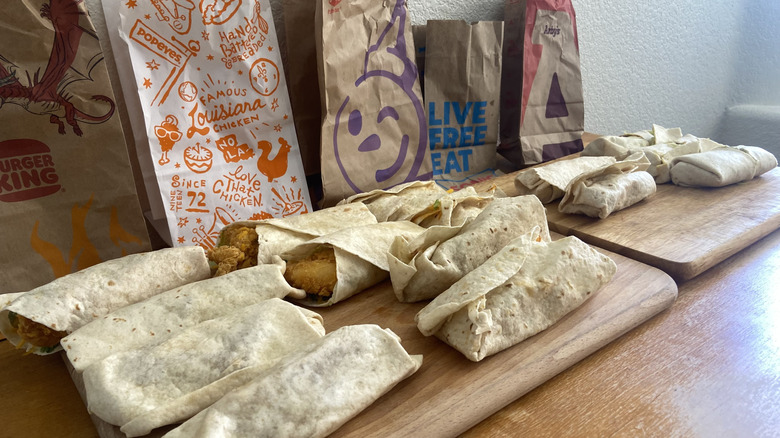 diagonal angle shot of fast food chicken snack wraps