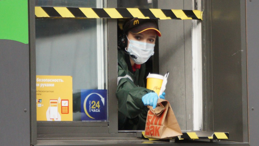 McDonald's drive-thru employee with face mask