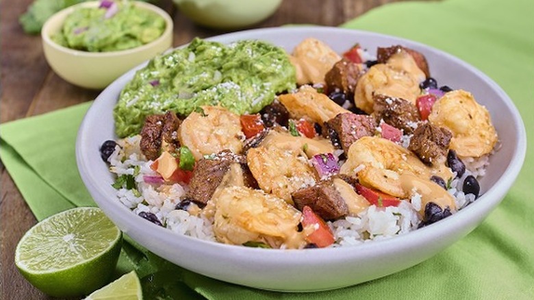 Mexican burrito bowl with shrimp