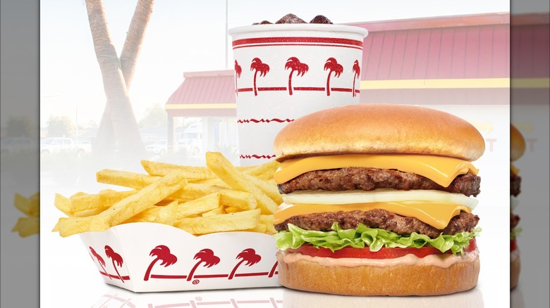 In-N-Out Burger meal with burger, fries, and a drink