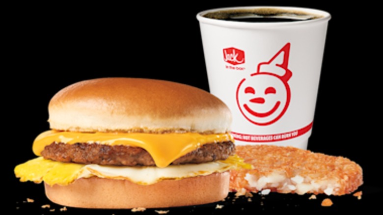 Jack in the Box breakfast sandwich meal with coffee and hash browns