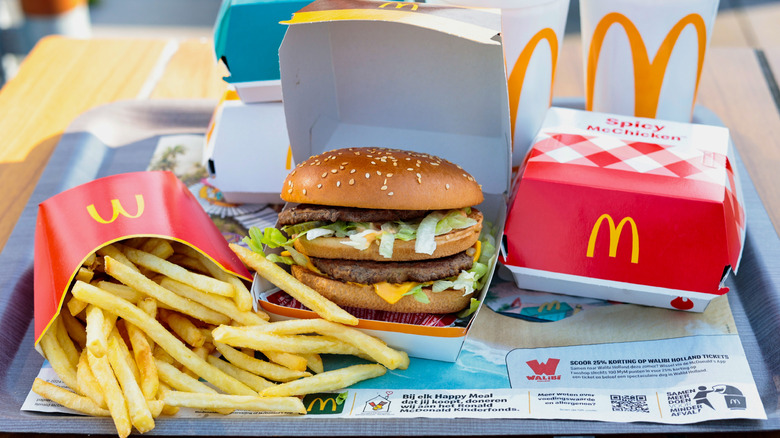 McDonald's fries, Big Mac, and chicken sandwich box on a tray
