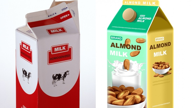 Carton of cows milk with carton of almond milk.