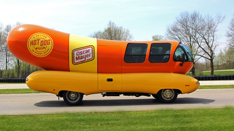 Wienermobile driving on highway