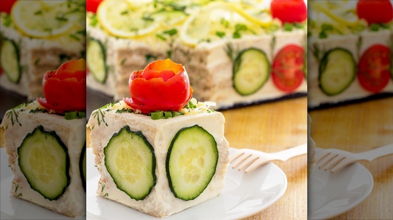 Swedish smörgåstårta with vegetable garnishes