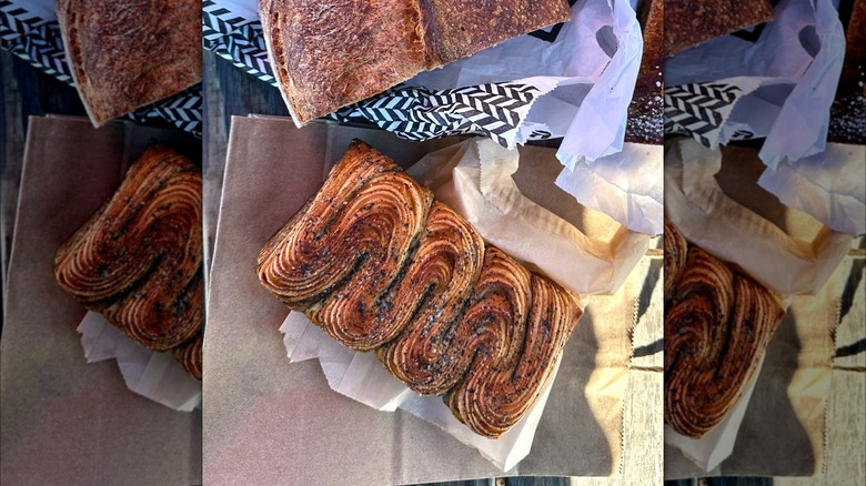 Overhead view of a black sesame croissant loaf