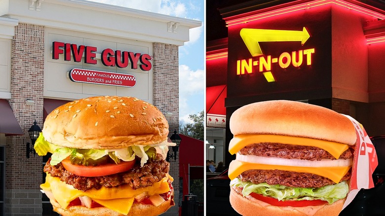 Exterior of Five Guys and In-N-Out with burgers from each