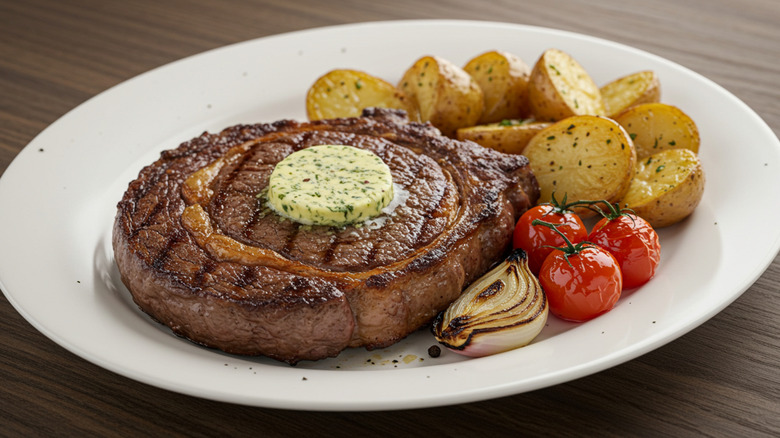 Ribeye steak with herb butter on white plate with roasted vegetables.
