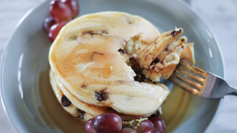 Chocolate chip pancakes on a plate