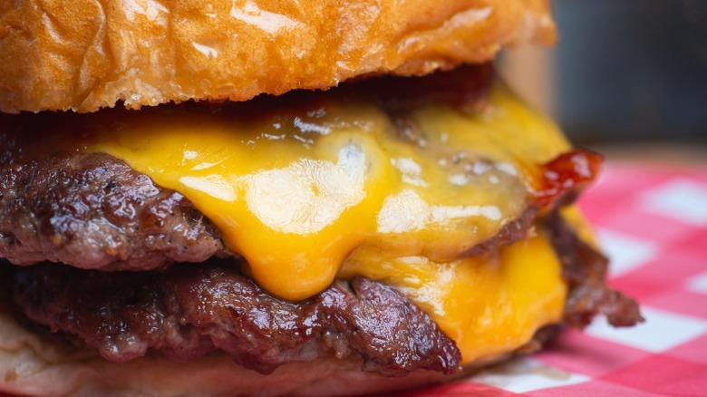 Close-up of a double cheeseburger