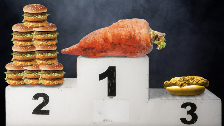 Podium showing different foods