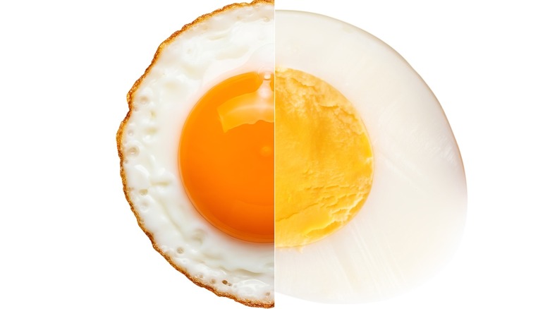 Collage of fried egg and boiled egg half