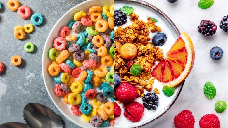 Collage of colorful cereal with toasted granola