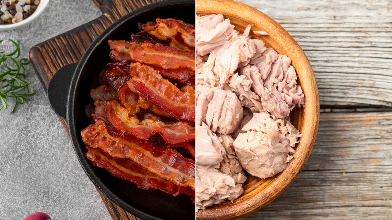 Collage of bacon and canned tuna