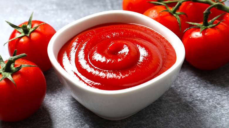 Small, white bowl of ketchup surrounded by tomatoes.