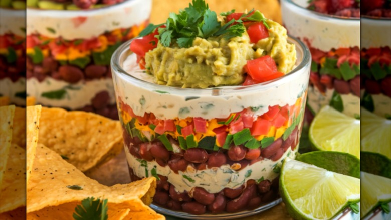 Small dish of Mexican-inspired seven-layer dip
