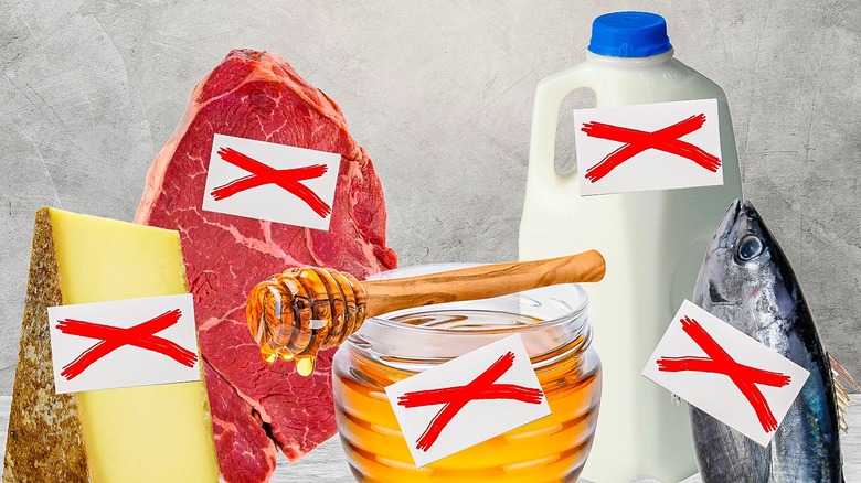 Cheese, steak, honey, milk, fish