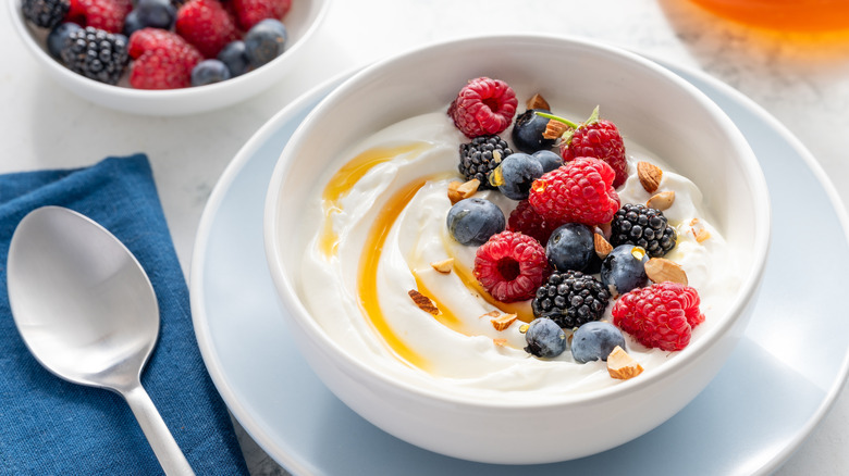 A bowl of Greek yogurt topped with berries