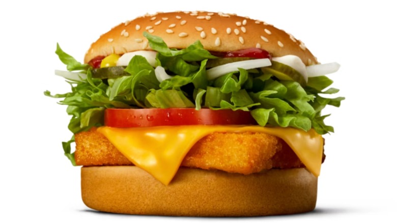 A Norwegian-style fish McFeast from McDonald's with lettuce, tomato, onions, and pickles