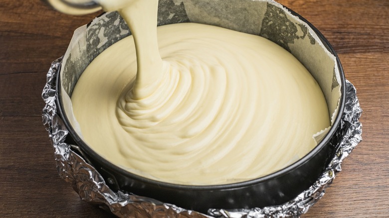 Cake batter in a pan