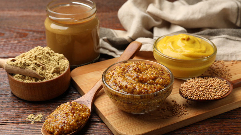 Various types of prepared and whole mustard