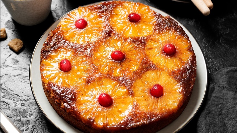 A pineapple upside down cake with cherries on top, over a white plate