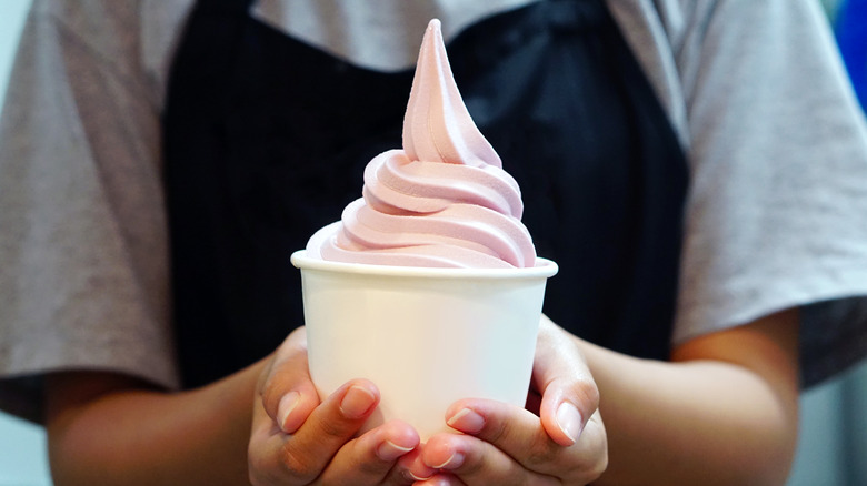 person holding frozen yogurt cup