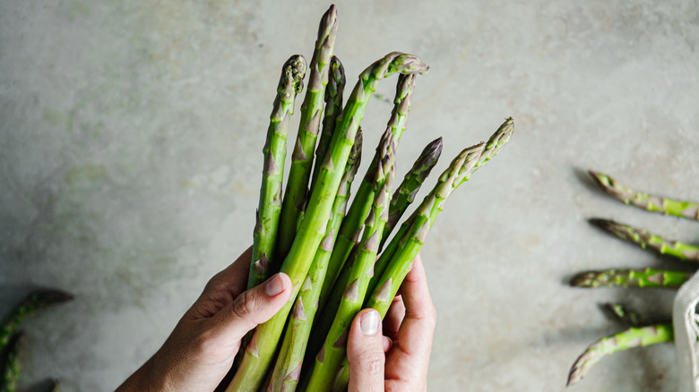 A hand holding asparagus, captured from the top
