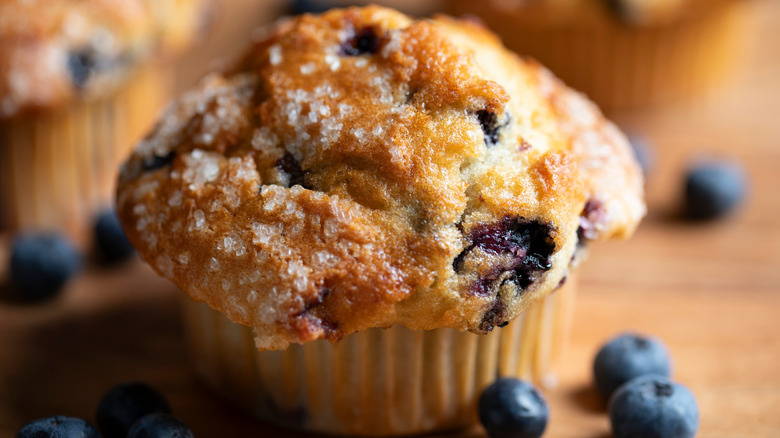A golden, sugar-encrusted blueberry muffin surrounded by blueberries