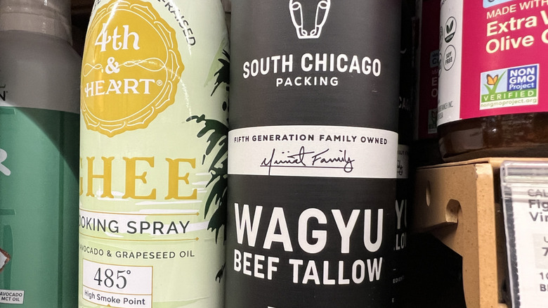 Ghee and beef tallow on a store shelf
