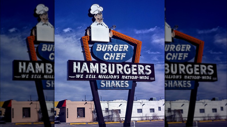Light-up signage for now-defunct Burger Chef restaurant during daytime.