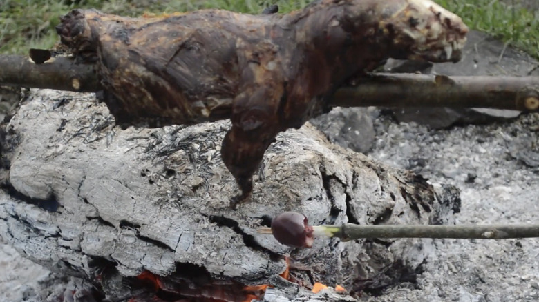 Whole roasted skunk on a skewer