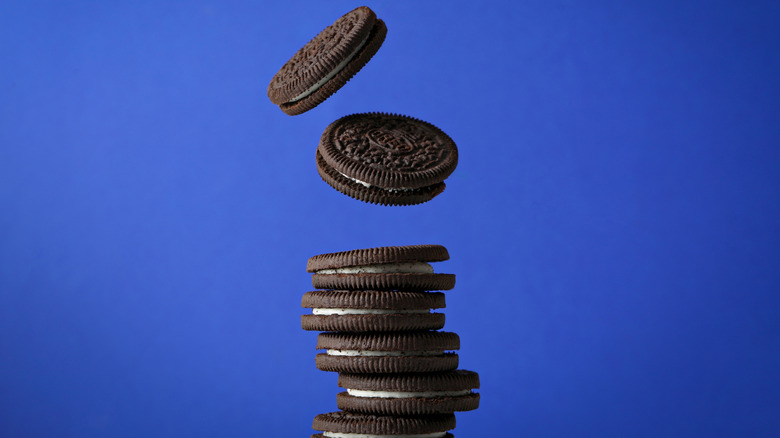 Stack of chocolate cream-filled cookies