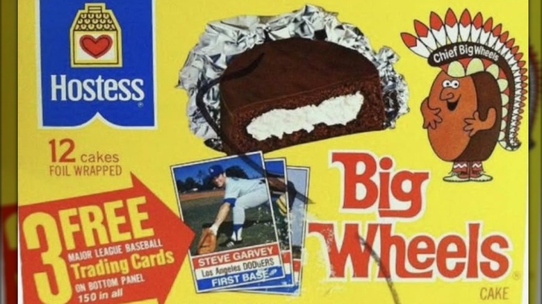 box of Hostess Big Wheels from 1970s with chocolate treat and with baseball card images on front