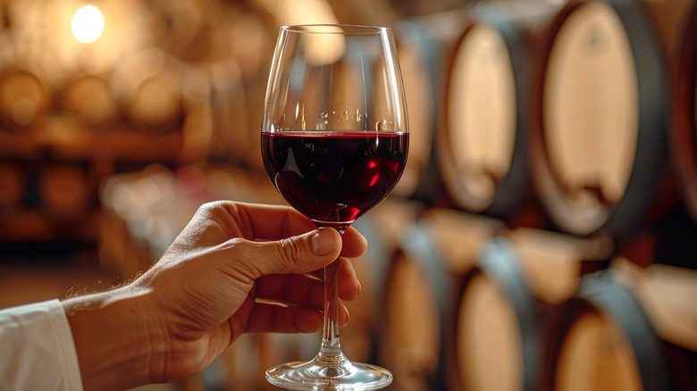 A glass of red wine in front of a line of wine barrels