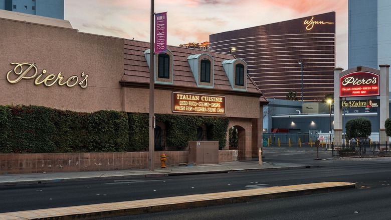 The outside of Piero's restaurant in Las Vegas with the Wynn resort in the background.