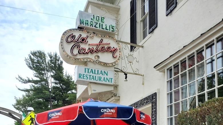 A restaurant sign that reads Joe Marzilli's Old Canteen Italian Restaurant.