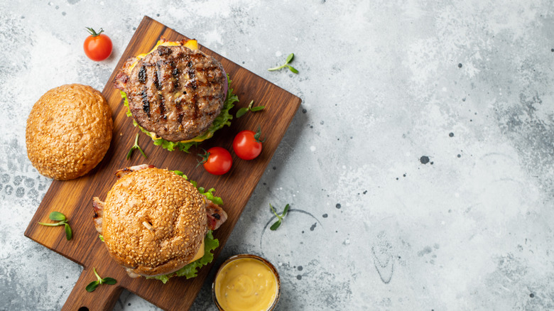 Burger on a wooden tray