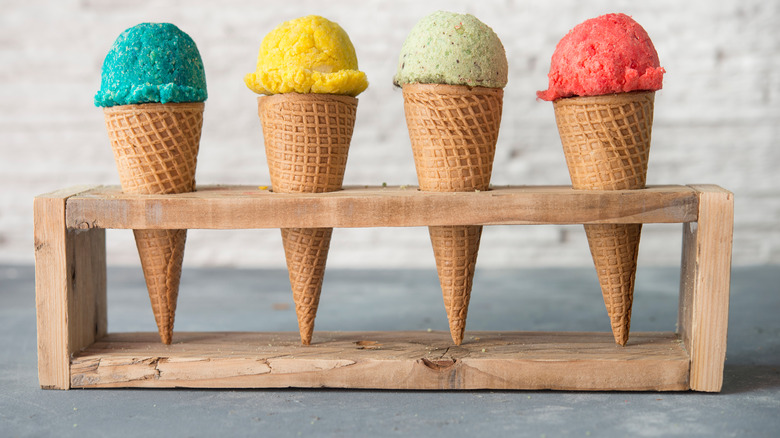 Multicolored ice cream in a tray