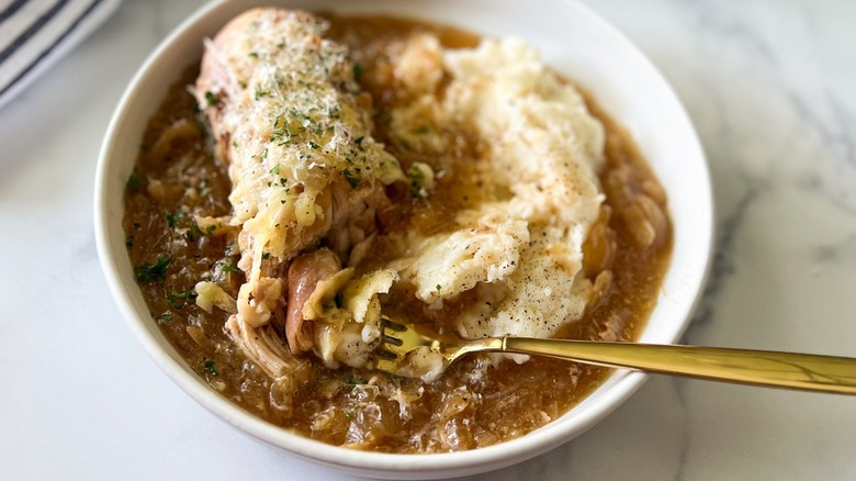 French onion chicken and mashed potatoes