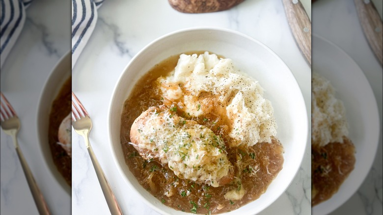 French onion chicken and mashed potatoes