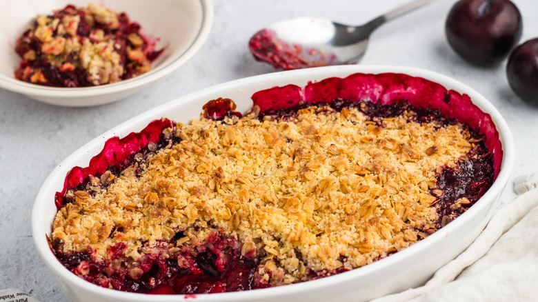 plum crumble in baking dish