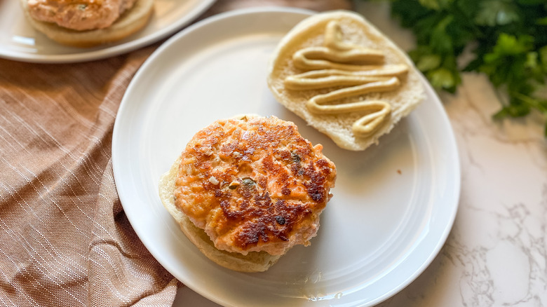 Fresh Salmon Burgers Recipe on a plate
