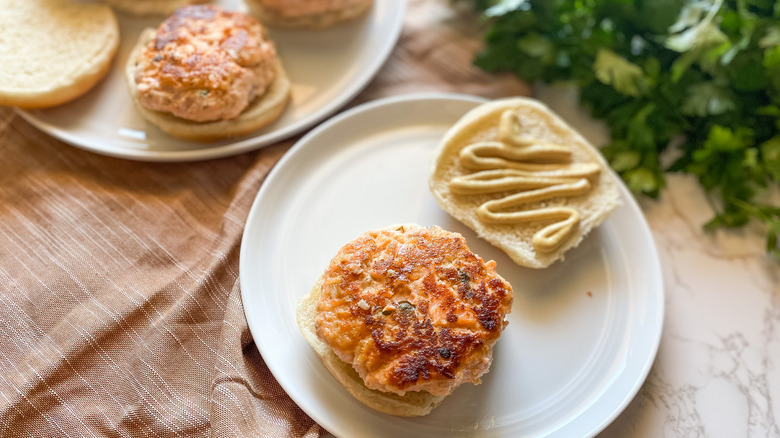 Fresh Salmon Burgers Recipe on a plate 