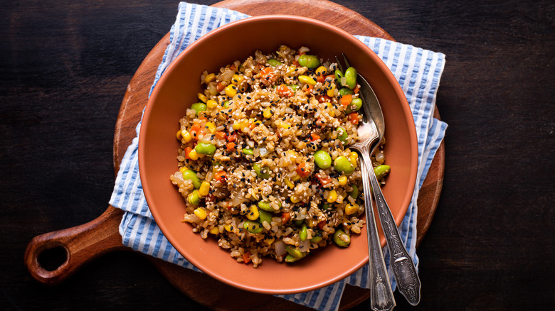 fried brown rice in bowl