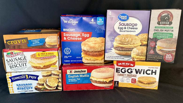 multiple boxes of frozen breakfast sandwiches